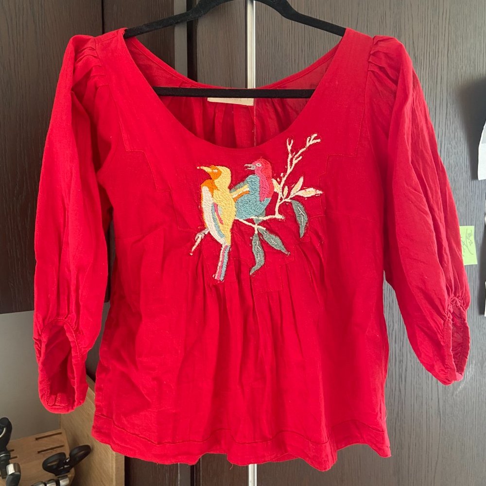 La Troupe Hand Embroidered Linen Top Red Rainbow Birds Tulum XS S
